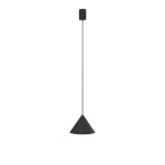 Czarna lampa wisząca Zenith D20,5 z metalowym kloszem w kształcie stożka, zawieszona na cienkim przewodzie. Okrągła podsufitka w tym samym kolorze. Prosta, nowoczesna forma, idealna do minimalistycznych wnętrz.