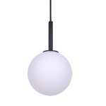 Czarna lampa wisząca Faro D14 z metalowym uchwytem i białym, okrągłym kloszem z matowego szkła. Produkt wisi na cienkim przewodzie, ukazując minimalistyczny design idealny do nowoczesnych wnętrz.