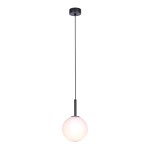 Lampa wisząca Faro D16 w kolorze czarnym, z okrągłym kloszem ze szkła w białym odcieniu. Wisi na cienkim przewodzie z metalowym uchwytem, zainstalowana pod sufitem. Prosta forma, idealna do nowoczesnych wnętrz.