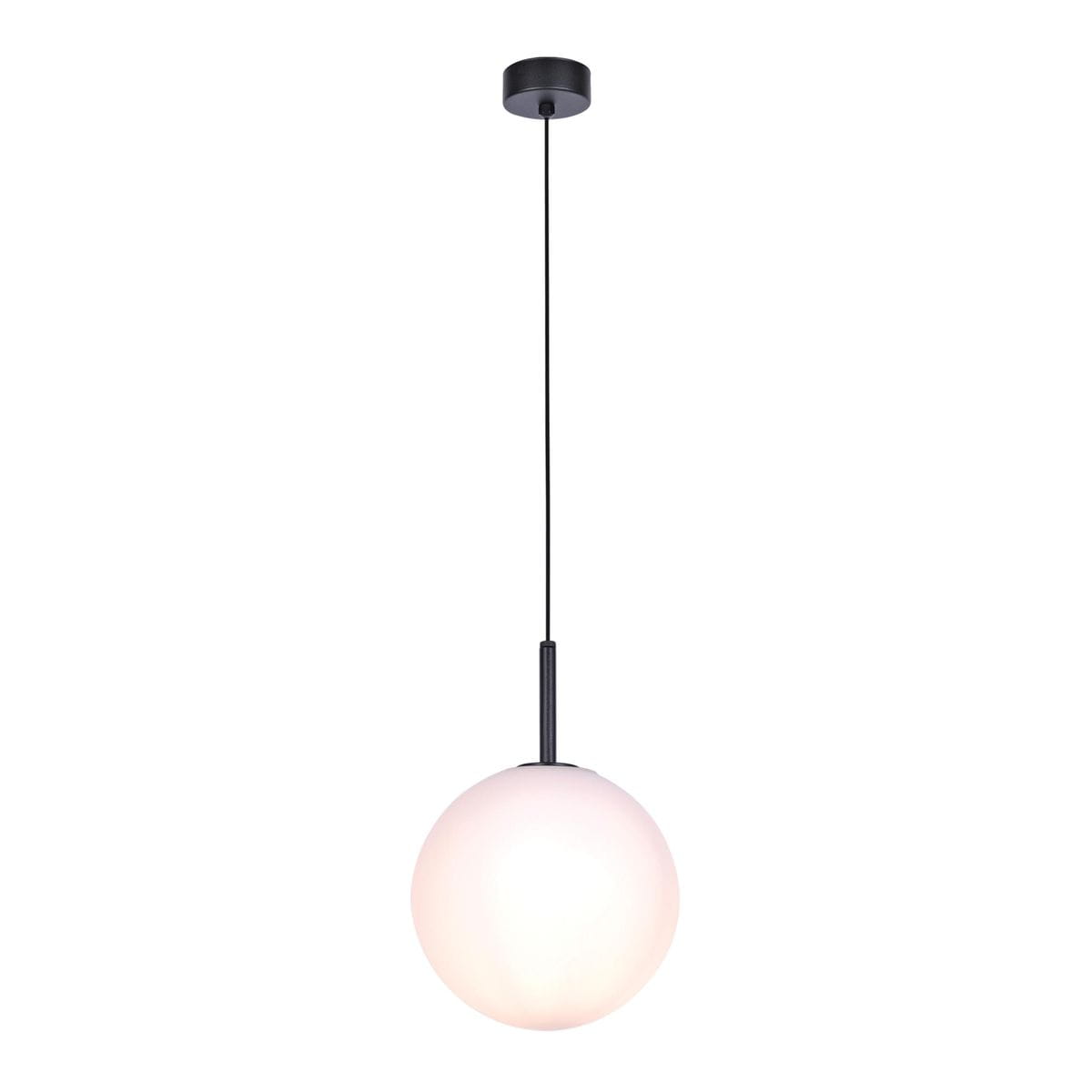 Czarna lampa wisząca Faro D30 z jednopunktowym mocowaniem, z okrągłym, białym kloszem z mlecznego szkła. Zawieszona na cienkim, czarnym przewodzie, z metalowym uchwytem, idealna do nowoczesnych wnętrz.