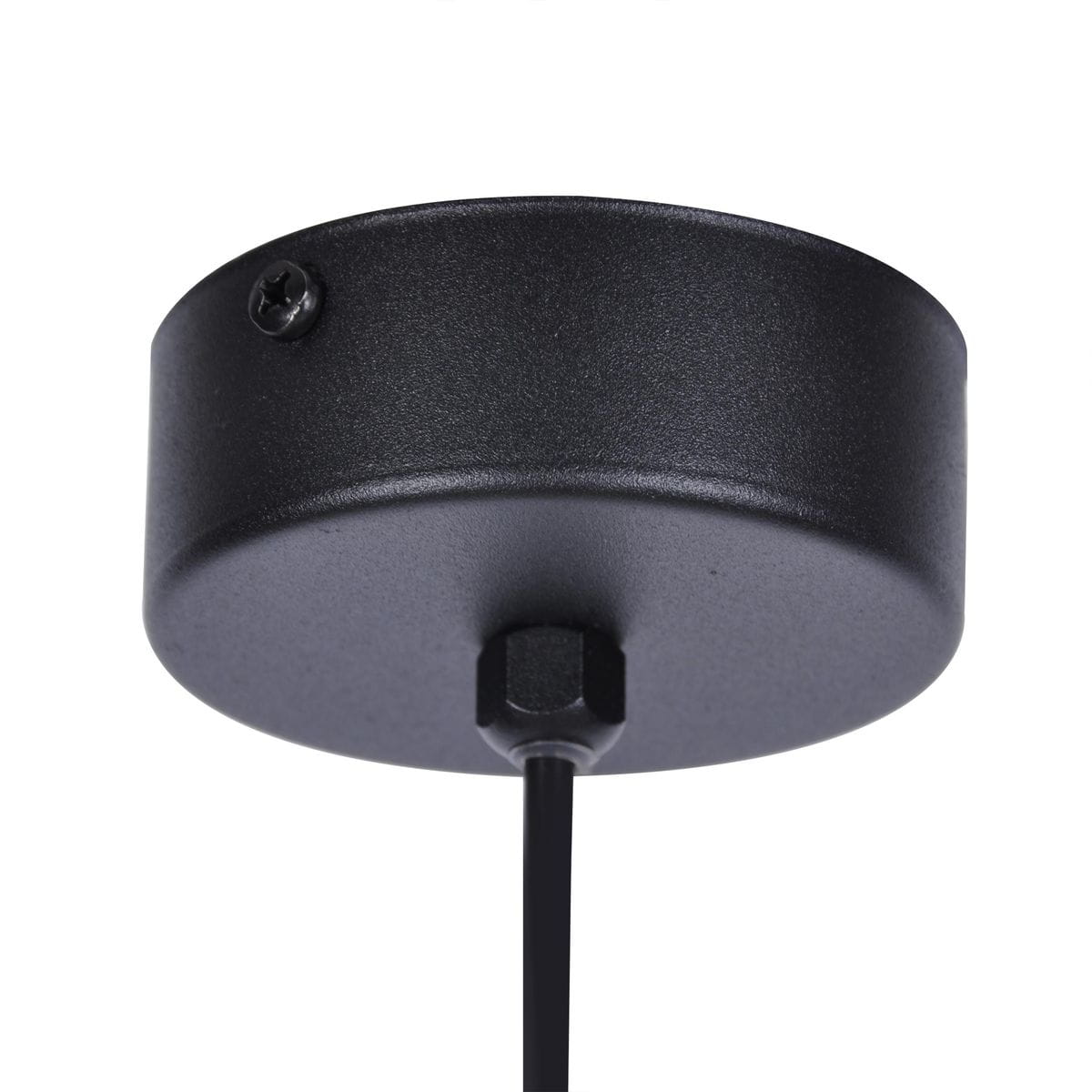 Czarna lampa wisząca Faro D30 z metalowym stropem, o okrągłym kształcie, widocznym mocowaniem i przewodem. Ujęcie z dołu, ukazujące detal zamocowania i fakturę powierzchni. Idealna do nowoczesnych wnętrz.