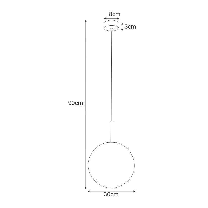 Czarna lampa wisząca Faro D30 o okrągłym kloszu o średnicy 30 cm i wysokości 90 cm, zawieszona na cienkim przewodzie. Podstawa montażowa o średnicy 8 cm i wysokości 3 cm. Minimalistyczny design, idealna do nowoczesnych wnętrz.