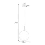 Czarna lampa wisząca Faro D30 o okrągłym kloszu o średnicy 30 cm i wysokości 90 cm, zawieszona na cienkim przewodzie. Podstawa montażowa o średnicy 8 cm i wysokości 3 cm. Minimalistyczny design, idealna do nowoczesnych wnętrz.