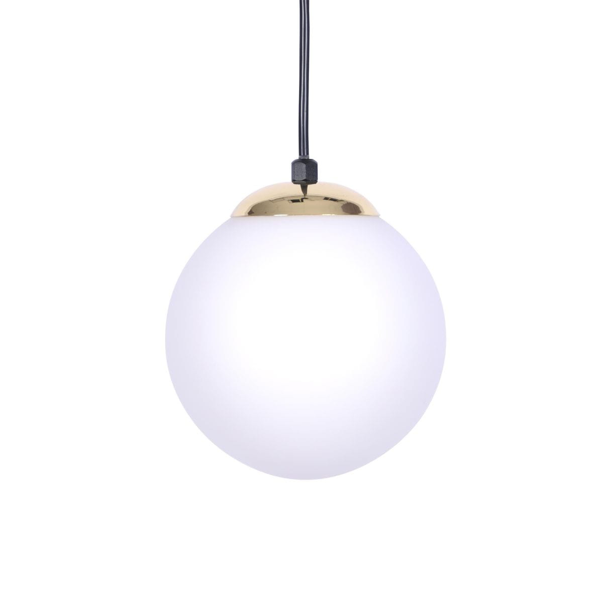Lampa wisząca Isla D14 w kolorze czarnym z patynowym wykończeniem, z białym, okrągłym kloszem z matowego szkła. Zawieszona na czarnym kablu, z metalowym elementem u góry w kolorze złotym. Ujęcie frontalne.