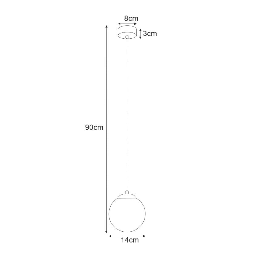 Lampa wisząca Isla D14, 1-punktowa, w kolorze czarnym z patyną. Kulisty klosz o średnicy 14 cm zawieszony na cienkim przewodzie o długości 90 cm. Podstawa o średnicy 8 cm, wysokości 3 cm. Prosty, nowoczesny design idealny do różnych wnętrz.