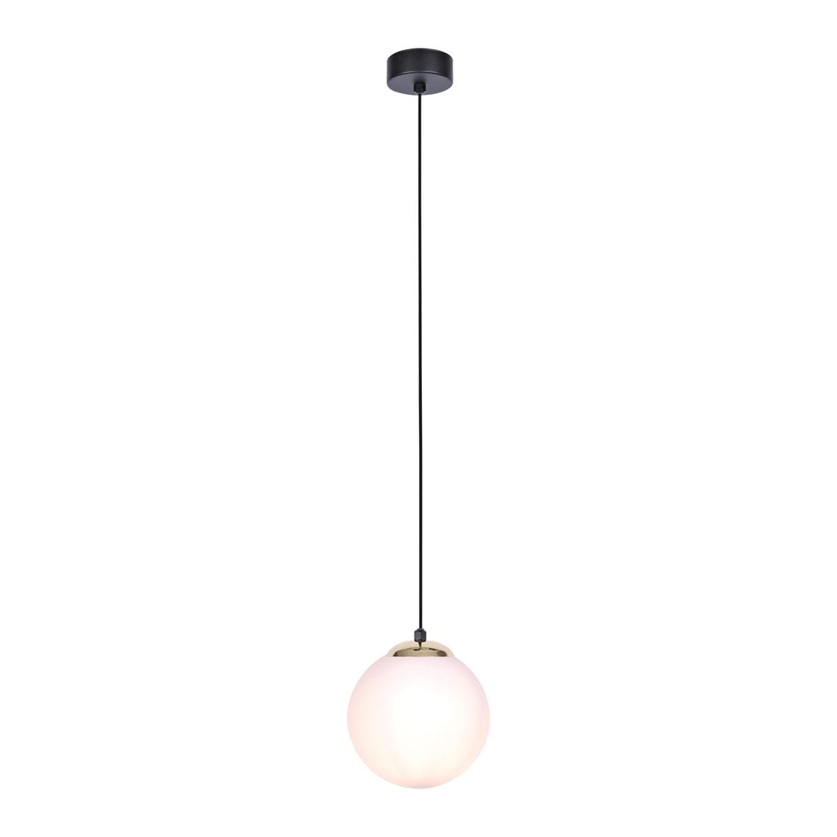 Czarna lampa wisząca Isla D16 z patynowym detalem, z okrągłym kloszem z mlecznego szkła. Ujęcie frontalne, zawieszona na cienkim przewodzie, z metalowym mocowaniem na suficie. Prosty design, idealna do nowoczesnych wnętrz.