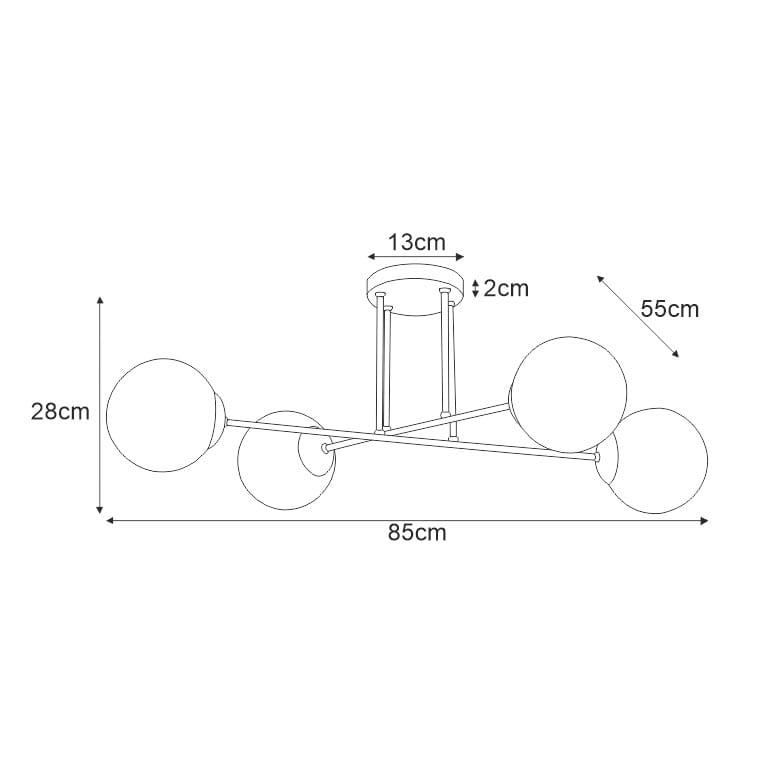 Lampa sufitowa Isla 4-punktowa w kolorze czarnym z elementami patyny, o wymiarach 55 cm wysokości i 85 cm szerokości. Zawiera cztery okrągłe klosze, umieszczone na metalowej konstrukcji. Idealna do nowoczesnych wnętrz.