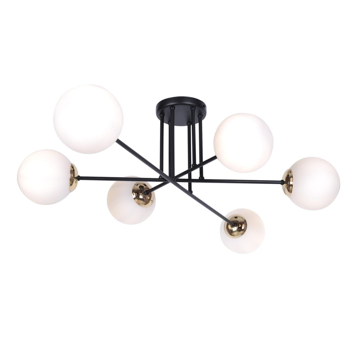 Czarna lampa sufitowa Isla z sześcioma kulistymi kloszami z mlecznego szkła i złotymi detalami. Produkt wiszący, montowany na suficie, z nowoczesnym, minimalistycznym designem.