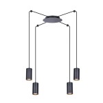 Czarna lampa wisząca Puerto z czterema punktami świetlnymi, zawieszona na cienkich linkach. Klosze mają cylindryczny kształt z wewnętrzną złotą powłoką, zawieszone z równą odległością od centralnej podstawy. Prosty, nowoczesny design.