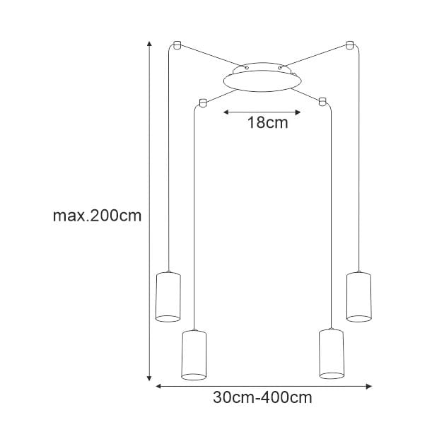 Lampa wisząca Puerto 4-punktowa w kolorze czarnym. Posiada okrągły sufitowy uchwyt o średnicy 18 cm i cztery wiszące klosze. Długość zwisu regulowana od 30 cm do maksymalnie 200 cm. Idealna do nowoczesnych wnętrz.