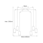 Lampa wisząca Puerto 6-punktowa w kolorze czarnym, o średnicy 18 cm i maksymalnej długości 200 cm. Posiada sześć cylindrycznych kloszy zawieszonych na regulowanych linkach, w układzie od 30 do 400 cm.