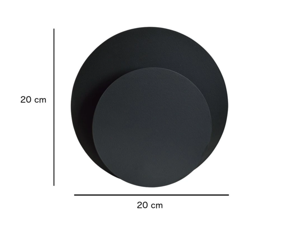Czarny kinkiet 1-punktowy Idea, o średnicy 20 cm, składający się z dwóch okrągłych elementów. Produkt zamontowany na płaskiej ścianie, w minimalistycznym stylu, na jednolitym tle. Wyróżnia się matową fakturą i prostą formą.
