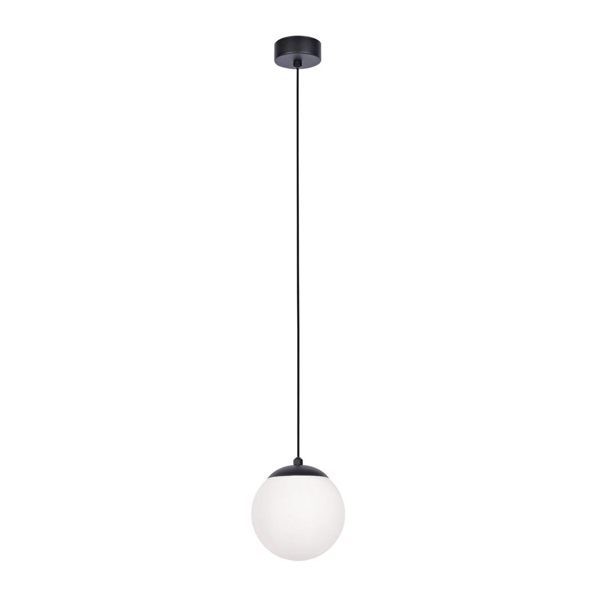 Lampa wisząca Savoy D14 w czarnym kolorze, składająca się z okrągłej, białej klosza zawieszonego na czarnym przewodzie. Klosz ma gładką fakturę i jest zamontowany na okrągłym, czarnym mocowaniu sufitowym.