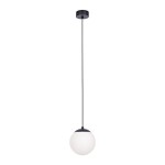 Lampa wisząca Savoy D14 w czarnym kolorze, składająca się z okrągłej, białej klosza zawieszonego na czarnym przewodzie. Klosz ma gładką fakturę i jest zamontowany na okrągłym, czarnym mocowaniu sufitowym.