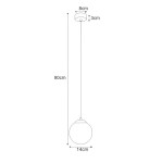 Czarna lampa wisząca Savoy D14, jedno źródło światła, z kulistym kloszem o średnicy 14 cm. Wysokość całkowita wynosi 90 cm, a średnica podsufitki to 8 cm. Prosty, nowoczesny design, idealna do różnych wnętrz.