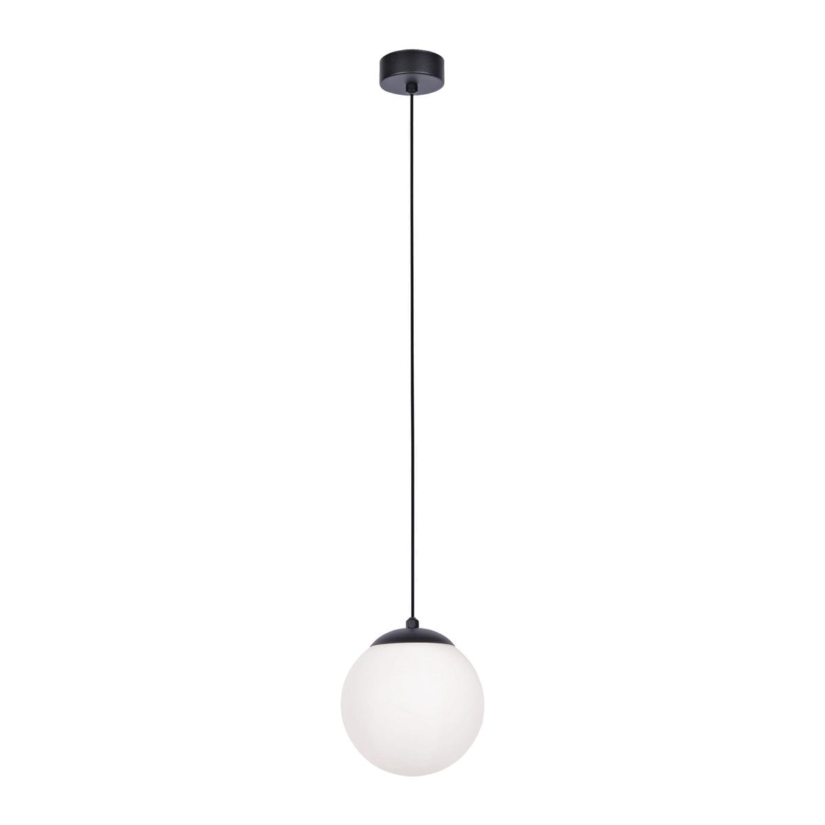 Czarna lampa wisząca Savoy D16 z białym, okrągłym kloszem z matowego szkła, zawieszona na cienkim, czarnym przewodzie. Klosz mocowany do okrągłej podstawy sufitowej. Minimalistyczny design, idealna do nowoczesnych wnętrz.