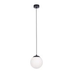 Czarna lampa wisząca Savoy D16 z białym, okrągłym kloszem z matowego szkła, zawieszona na cienkim, czarnym przewodzie. Klosz mocowany do okrągłej podstawy sufitowej. Minimalistyczny design, idealna do nowoczesnych wnętrz.