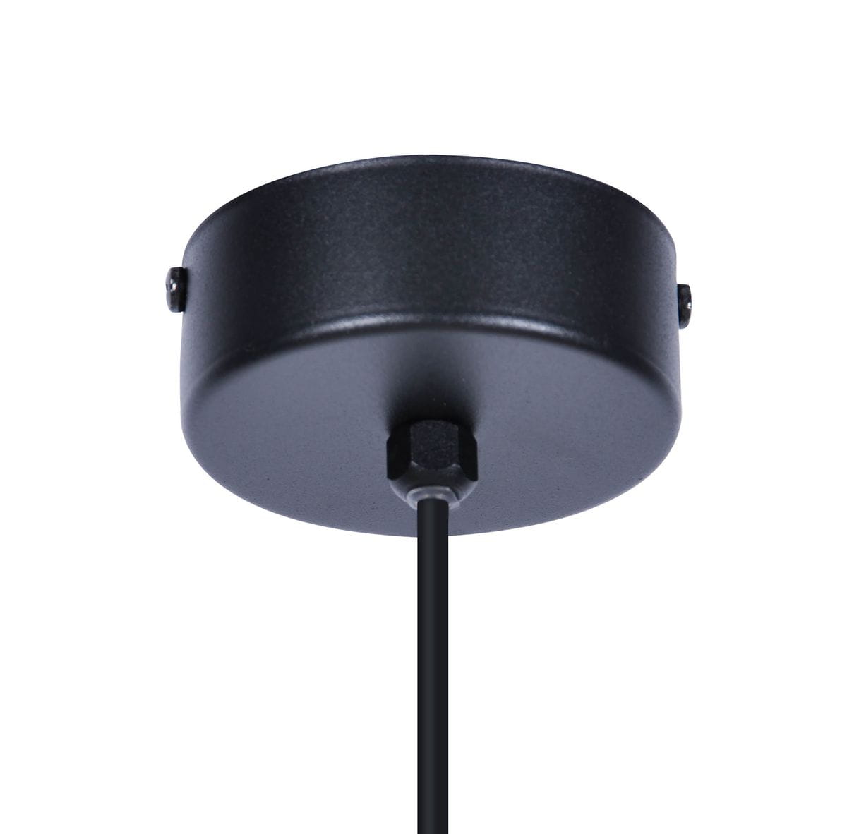 Czarna lampa wisząca Savoy D16, 1-punktowa, widok od dołu. Okrągły, matowy uchwyt sufitowy z przymocowanym kablem. Prosty, nowoczesny design, idealny do minimalistycznych wnętrz.
