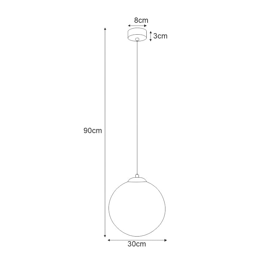Lampa wisząca Savoy D30 w kolorze czarnym, z okrągłym kloszem o średnicy 30 cm. Wysokość całkowita wynosi 90 cm, a mocowanie ma średnicę 8 cm i wysokość 3 cm. Produkt zawieszony na długim przewodzie.