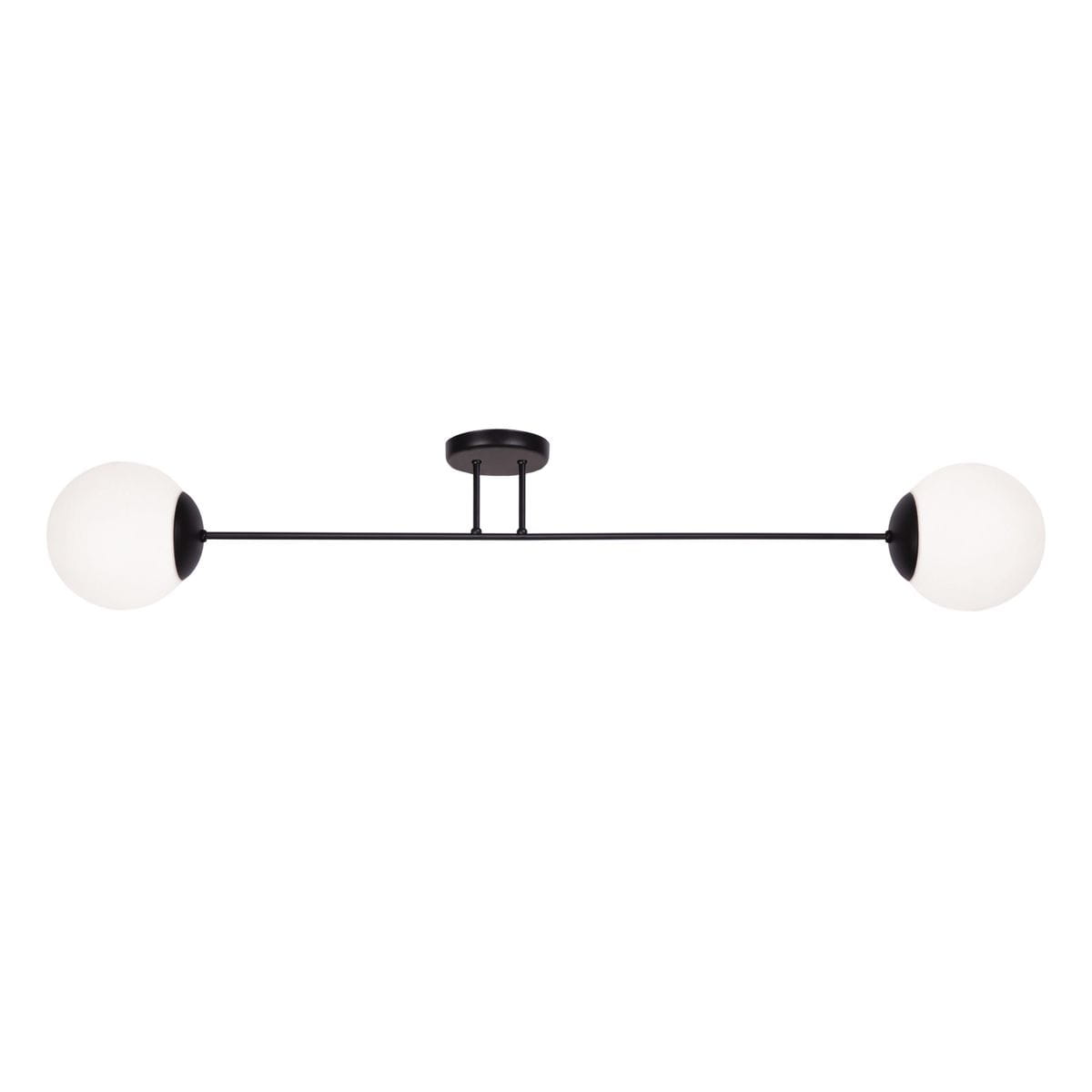Lampa sufitowa Savoy, 2-punktowa, w kolorze czarnym. Składa się z długiego, prostokątnego ramienia z dwoma okrągłymi, białymi kloszami. Montaż sufitowy, minimalistyczny design, idealna do nowoczesnych wnętrz.