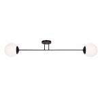 Lampa sufitowa Savoy, 2-punktowa, w kolorze czarnym. Składa się z długiego, prostokątnego ramienia z dwoma okrągłymi, białymi kloszami. Montaż sufitowy, minimalistyczny design, idealna do nowoczesnych wnętrz.