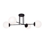 Czarna lampa sufitowa Savoy 4-punktowa K-4924 z czterema okrągłymi kloszami w białym kolorze. Ułożona w formie rozłożystej, z metalową podstawą i cienkimi ramionami, które utrzymują klosze. Na prostym, jasnym tle.