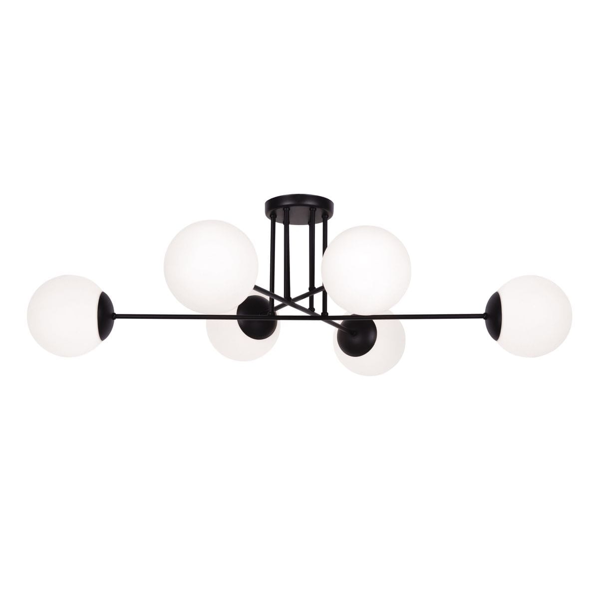Lampa sufitowa Savoy z 6 punktami świetlnymi, czarna, z metalową konstrukcją i białymi, okrągłymi kloszami z matowego szkła. Ujęcie frontalne, wisząca, nowoczesna forma, idealna do różnych wnętrz.