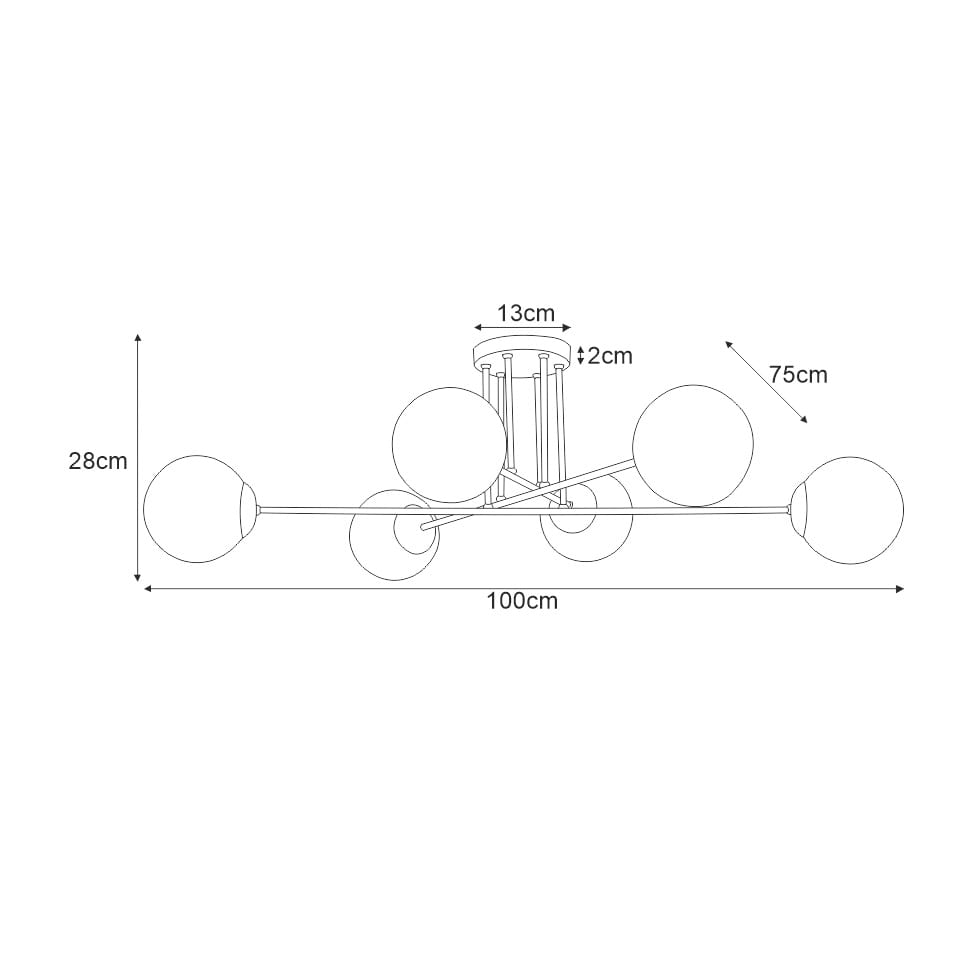 Lampa sufitowa Savoy w kolorze czarnym z sześcioma punktami świetlnymi. Wymiary: średnica 100 cm, wysokość 28 cm. Konstrukcja z metalowymi ramionami i okrągłymi kloszami, zawieszona na wysokości 75 cm.