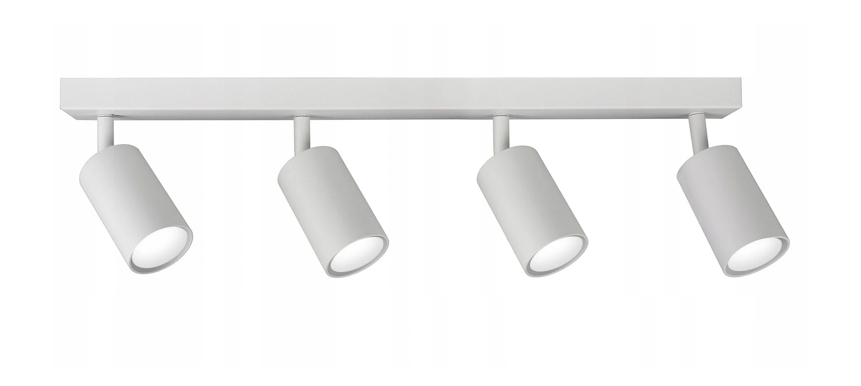 Lampa sufitowa Spoti 4-punktowa w kolorze białym, z prostokątną podstawą i czterema cylindrycznymi reflektorami, ustawionymi w jednej linii. Reflektory są ruchome, co umożliwia kierowanie światła w różnych kierunkach.