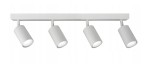 Lampa sufitowa Spoti 4-punktowa w kolorze białym, z prostokątną podstawą i czterema cylindrycznymi reflektorami, ustawionymi w jednej linii. Reflektory są ruchome, co umożliwia kierowanie światła w różnych kierunkach.