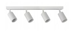 Czteropunktowa lampa sufitowa Spoti w kolorze białym, z okrągłymi oprawami na świetlówki. Montaż na suficie, z lampami skierowanymi w różnych kierunkach. Prosty, nowoczesny design, idealny do oświetlenia wnętrz.