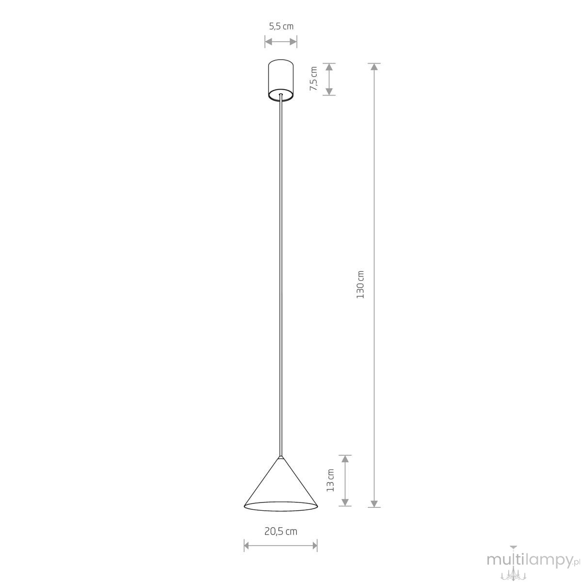 Lampa wisząca Zenith D20,5, w kolorze białym, o conicznym kształcie. Wysokość 139 cm, średnica klosza 20,5 cm, średnica mocowania 5,5 cm. Prosty design, idealna do nowoczesnych wnętrz. Zawieszona na cienkim przewodzie.