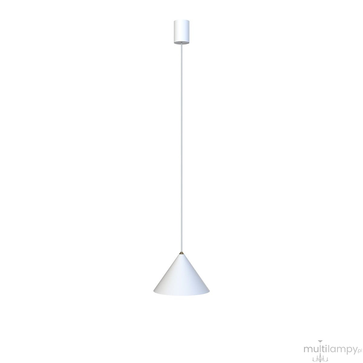 Lampa wisząca Zenith D20,5 w kolorze białym, o kształcie stożkowym. Zawieszona na cienkim, białym kablu z metalowym mocowaniem u góry. Prosty, minimalistyczny design idealny do nowoczesnych wnętrz.