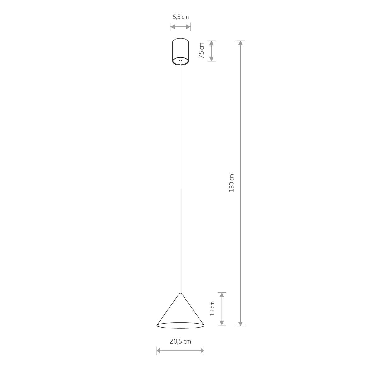 Zielona lampa wisząca Zenith D20,5 cm z metalowym kloszem w kształcie stożka, zawieszona na cienkim przewodzie. Wymiary: wysokość 139 cm, średnica klosza 20,5 cm, mocowanie o średnicy 5,5 cm. Minimalistyczny design idealny do nowoczesnych wnętrz.