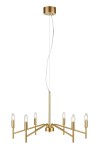 Złoty żyrandol Monarch 6-punktowy z metalowym stelażem, z sześcioma miejscami na żarówki w kształcie łezki. Ujęcie z boku ukazuje zawieszenie na długim przewodzie. Prosty design, idealny do nowoczesnych wnętrz.