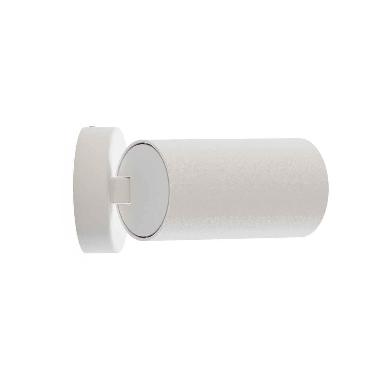 Biały kinkiet (spot) 1-punktowy Mono o cylindrycznym kształcie, zamontowany na okrągłej podstawie. Wykonany z matowego materiału, prezentuje minimalistyczny design, idealny do nowoczesnych wnętrz. Ujęcie z boku, ukazujące detale konstrukcji.