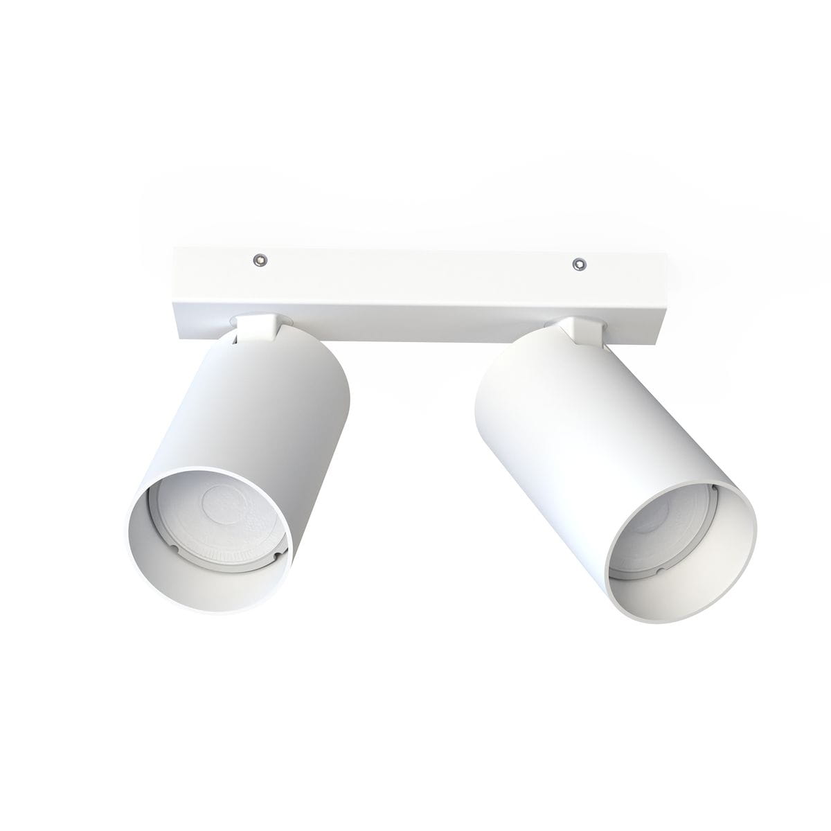 Biała lampa sufitowa 2-punktowa Mono z metalową konstrukcją, z dwoma cylindrycznymi kloszami. Ujęcie frontalne, zamontowana na prostokątnej podstawie. Minimalistyczny design, idealna do nowoczesnych wnętrz.