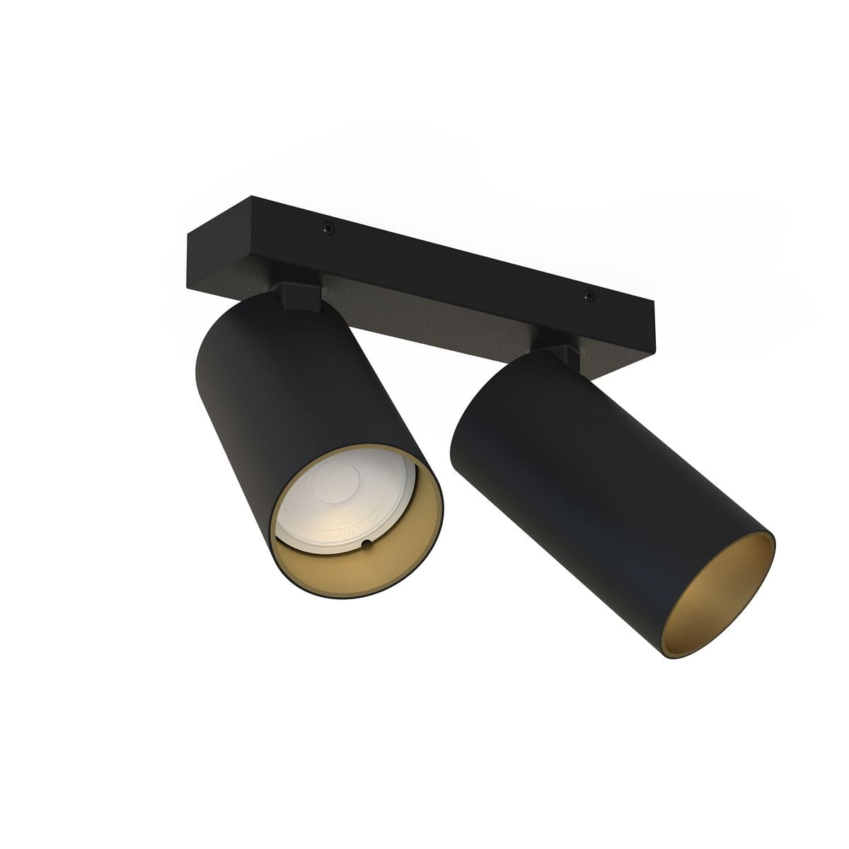 Czarna lampa sufitowa (spot) z dwoma cylindrycznymi punktami świetlnymi. Każdy z reflektorów ma złotą wewnętrzną stronę, mocowany do prostokątnej podstawy. Ujęcie frontalne, produkt zamontowany na górze, na jednolitym tle.
