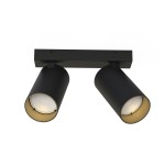 Czarna lampa sufitowa typu spot z dwoma punktami świetlnymi, z metalowym korpusem w matowym wykończeniu, wewnętrzna część kloszy w kolorze złotym. Ujęcie frontalne, montowana na suficie. Idealna do oświetlenia wnętrz.