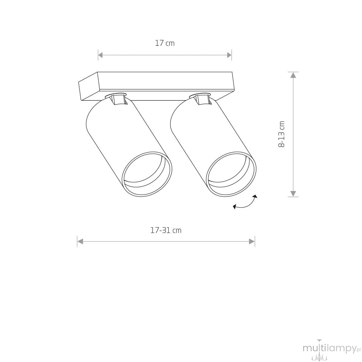 Czarna lampa sufitowa (spot) 2-punktowa Mono z ruchomymi cylindrycznymi kloszami. Wymiary: długość 17-31 cm, wysokość 8-13 cm. Montaż na suficie, minimalistyczny design.