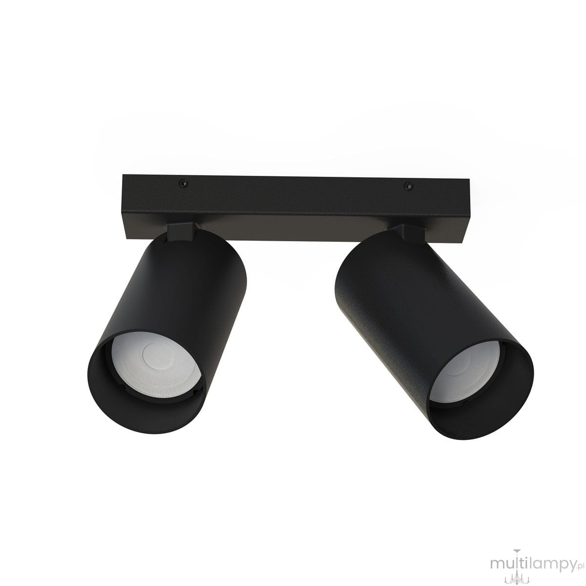 Czarna lampa sufitowa (spot) 2-punktowa z metalową podstawą, w której znajdują się dwa cylindryczne reflektory. Ujęcie frontalne, produkt zamontowany na suficie, z białymi kloszami wewnętrznymi.