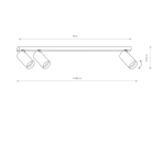 Trzypunktowa lampa sufitowa Mono w białym kolorze z złotymi akcentami, o długości 70 cm i wysokości 8-13 cm. Umożliwia regulację kąta świecenia reflektorów. Montowana na suficie, idealna do nowoczesnych wnętrz.
