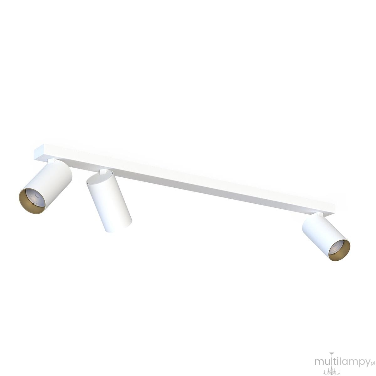Trzypunktowa lampa sufitowa w kolorze białym z złotymi wnętrzami reflektorów, zamontowana na prostokątnej podstawie. Reflektory w kształcie cylindrów skierowane w różne strony, stojące na poziomej listwie. Idealna do nowoczesnych wnętrz.
