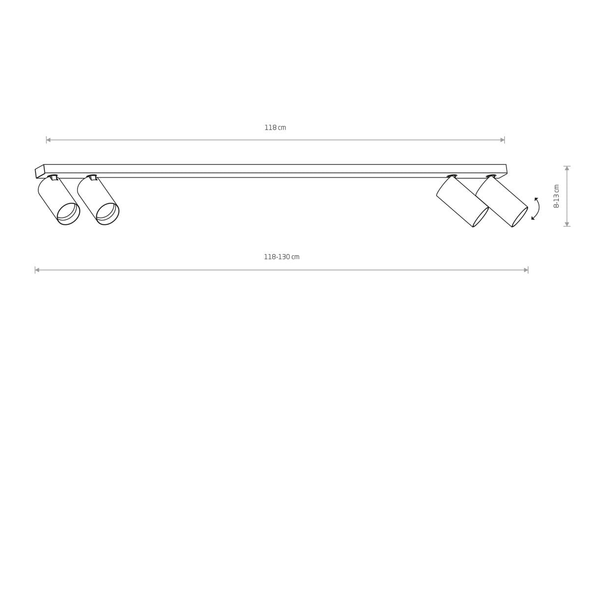Biała lampa sufitowa 4-punktowa Mono, o długości 118 cm i wysokości 8-13 cm. Posiada regulowane reflektory, montowana na prostokątnej podstawie. Idealna do oświetlenia wnętrz.