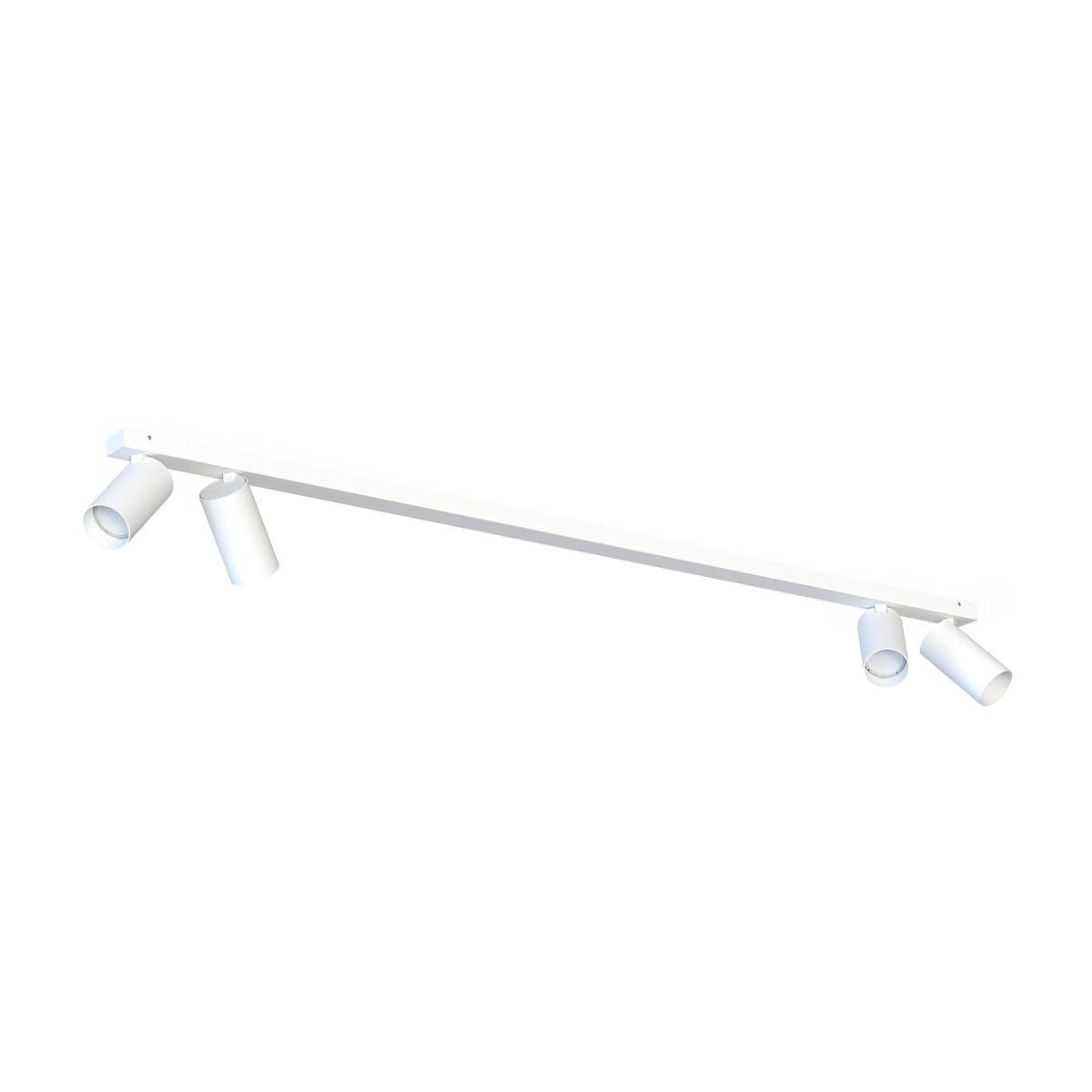 Biała lampa sufitowa (spot) 4-punktowa, z prostokątną belką i czterema regulowanymi kloszami w formie cylindrów. Ujęcie frontalne, produkt zamontowany na suficie, z minimalistycznym designem, idealny do nowoczesnych wnętrz.