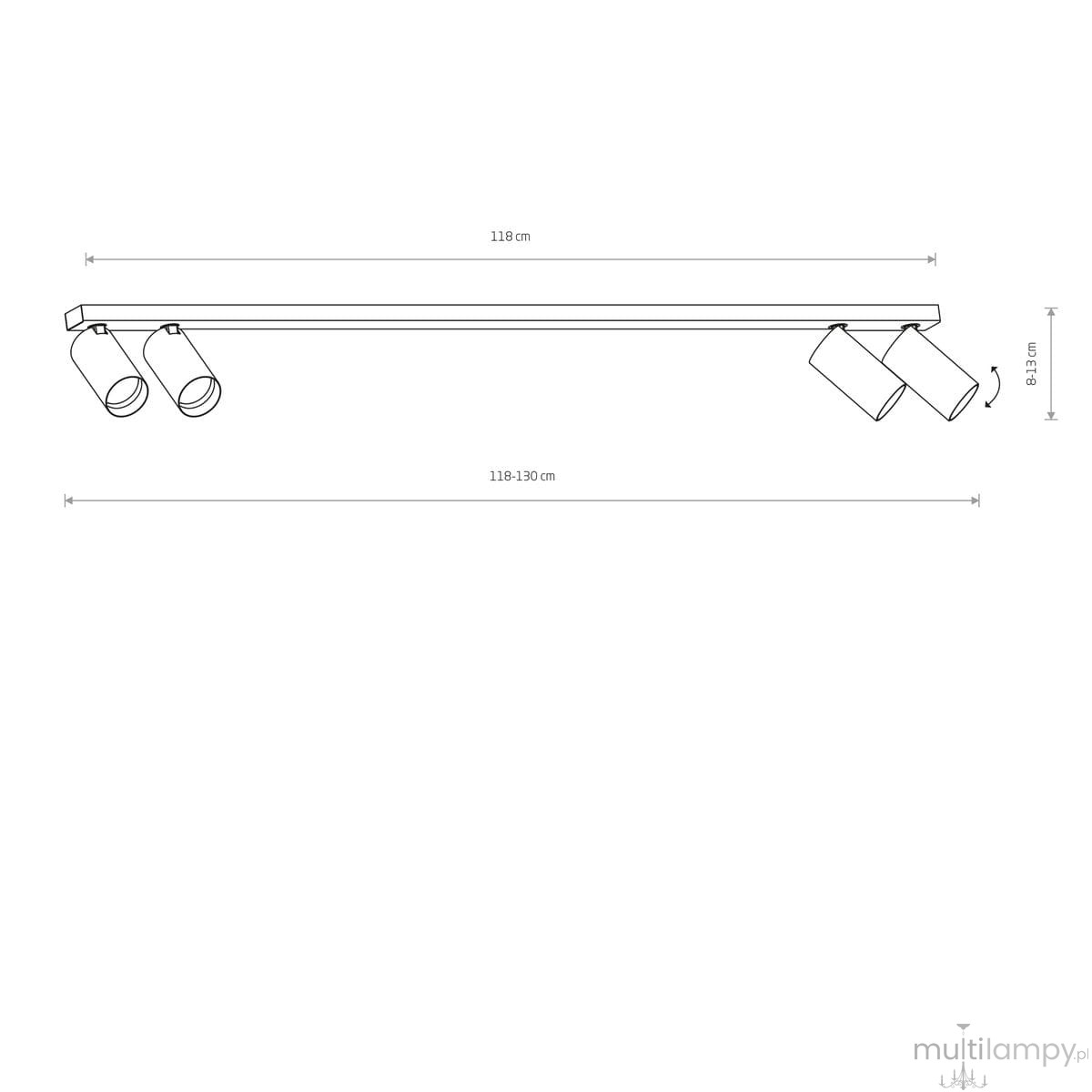 Biała lampa sufitowa 4-punktowa z metalowymi złotymi detalami. Prosty, prostokątny kształt o wymiarach 118 cm długości i 8-13 cm wysokości. Spoty mogą być regulowane, co umożliwia skierowanie światła w różnych kierunkach.