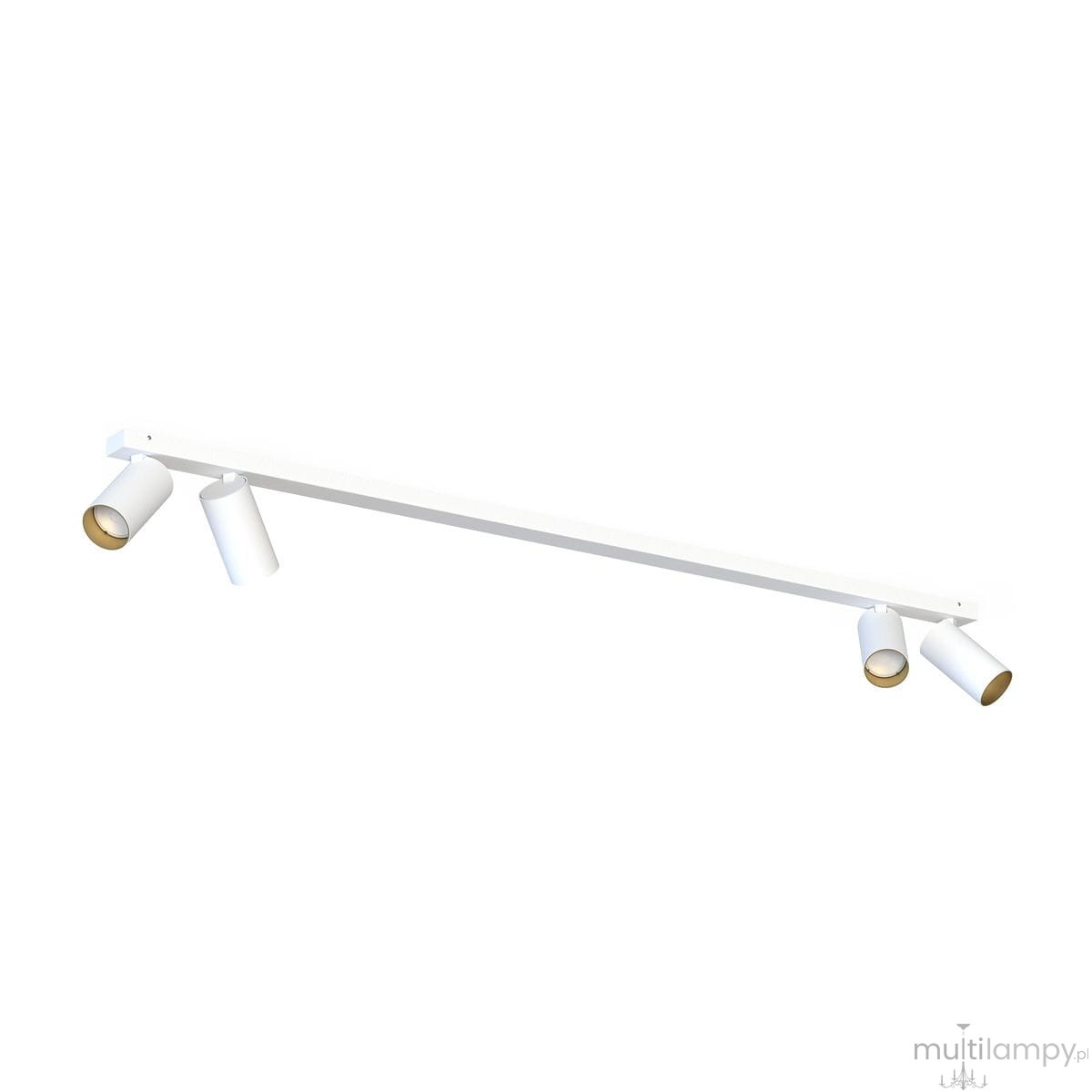 Biała lampa sufitowa 4-punktowa z metalowymi reflektorami w kolorze złotym. Ułożona poziomo, z widocznymi uchwytami do montażu. Reflektory mają cylindryczny kształt, skierowane w różnych kierunkach. Proste, nowoczesne wzornictwo, idealne do wnętrz.