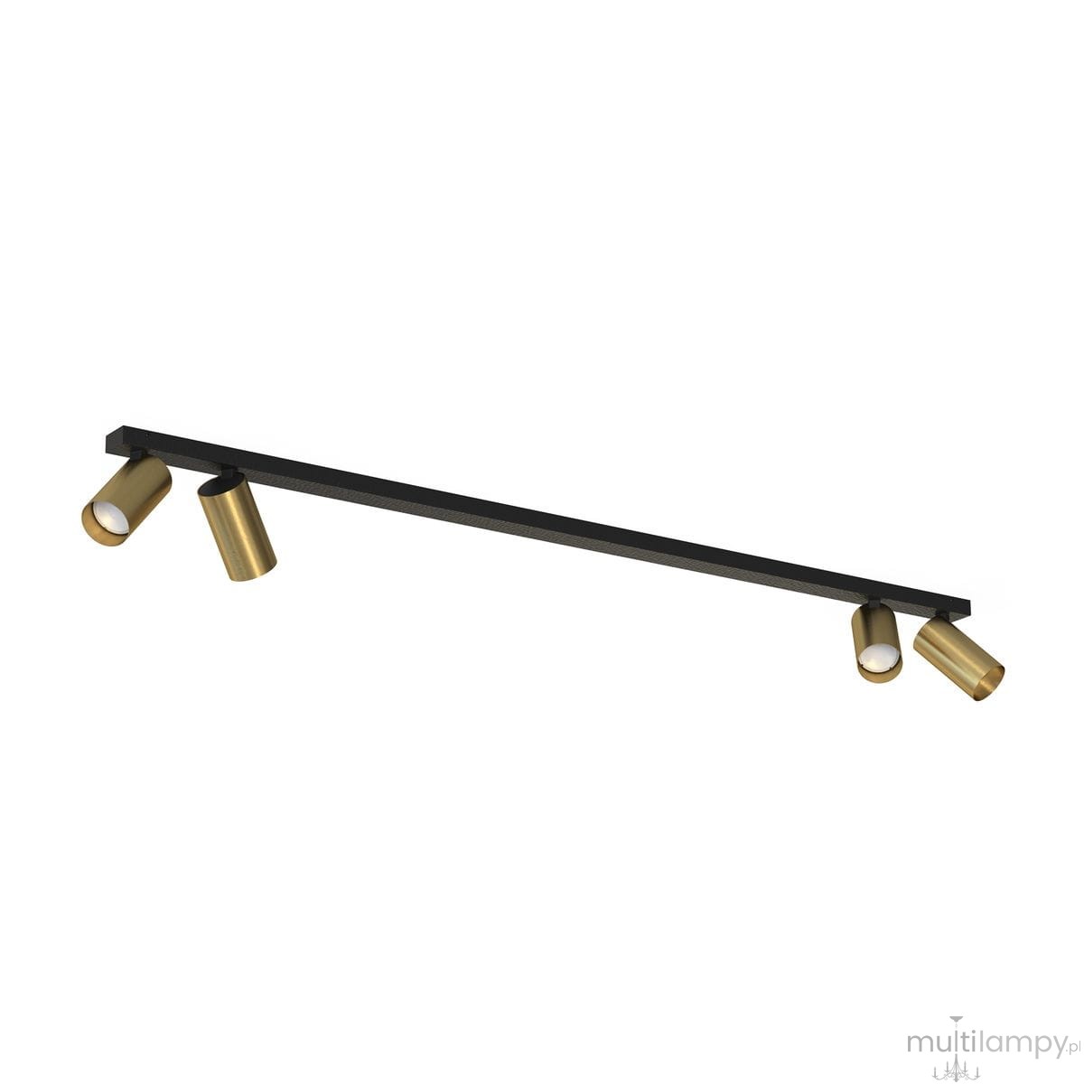 Czarna lampa sufitowa (spot) 4-punktowa z mosiężnymi kloszami. Prosta, pozioma konstrukcja z czterema ruchomymi źródłami światła umieszczonymi na metalowej listwie. Wykończenie w stylu industrialnym, idealna do nowoczesnych wnętrz.