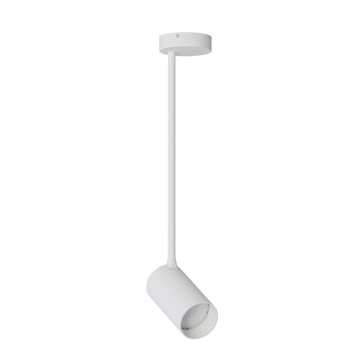 Biała lampa wisząca Mono Long M z jednym punktem świetlnym. Posiada prostą, cylindryczną obudowę oraz długi, smukły przewód. Ujęcie z boku, lampa zawieszona pod sufitem na jednolitym tle.