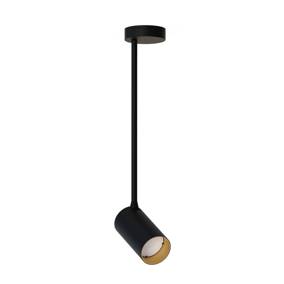 Lampa wisząca Mono Long M w kolorze czarnym z złotym wnętrzem, 1-punktowa. Ma długi, prosty uchwyt i okrągłą oprawę, zawieszona na cienkim kablu. Idealna do nowoczesnych wnętrz, na białym tle.